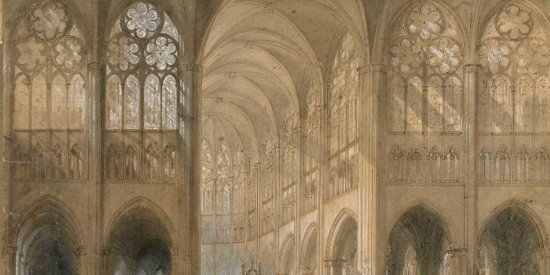 Intérieur de la Basilique Saint-Denis, la premiere cathédrale gothique france, avec ses vitraux et sa lumière céleste